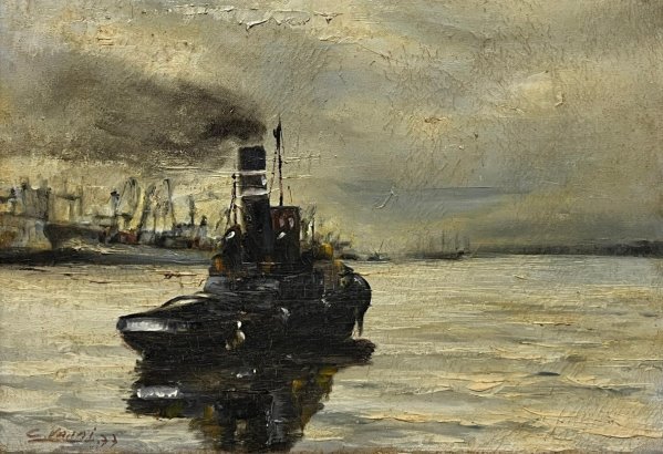Oleo "Puerto de Montevideo" de César Vanni, 25 x 34 cm - imagen 1