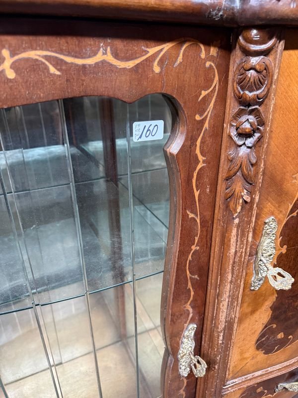 Cristalero Antiguo de Madera Maciza con Marqueterie y Vidrio