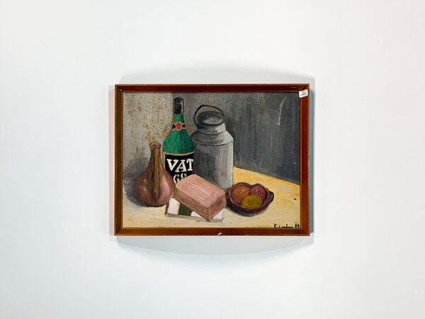 Cuadro Óleo "Naturaleza Muerta" con Botella, Jarras y Frutos - Firmado 1994 - imagen 1