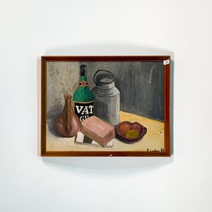 Cuadro Óleo "Naturaleza Muerta" con Botella, Jarras y Frutos - Firmado 1994 - imagen 1