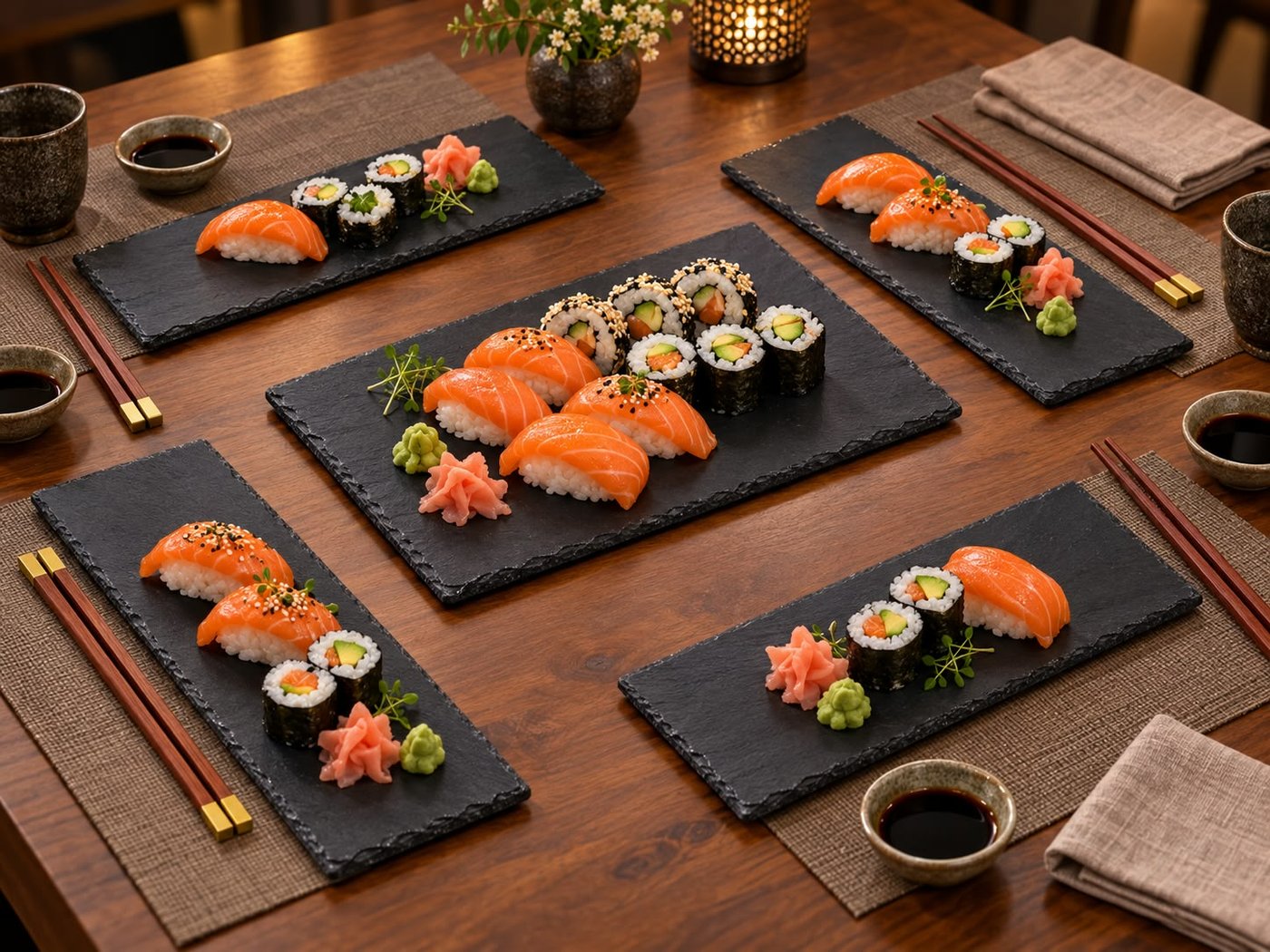 Juego de Vajilla para Sushi: 5 Platos de Pizarra Negra y 10 Palillos Metálicos Reutilizables