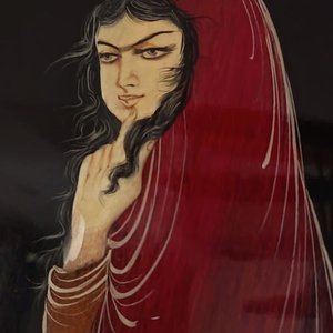 Pintura Persa Lacada "Dama con Velo Rojo" sobre Madera - imagen 2