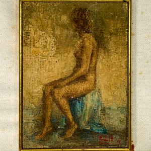 Cuadro Óleo sobre Cartón: Desnudo de Dama de Perfil, Firmado - imagen 2