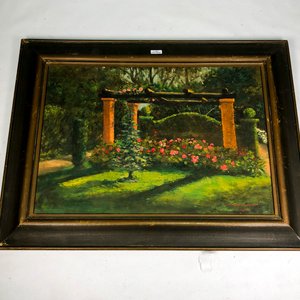 Cuadro al óleo sobre tabla: Paisaje floral con pérgola, firmado R.D. Arigón de Haedo 1945 - imagen 2