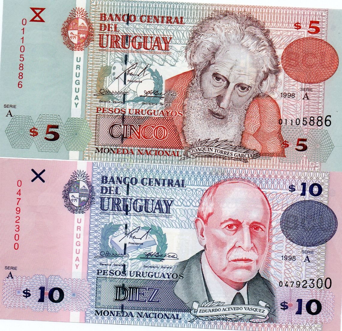 Billetes Uruguayos de $5 y $10 Pesos Uruguayos