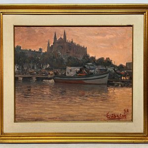 Edgardo Ribeiro "Puerto y Catedral de Palma de Mallorca" Óleo sobre Tela Firmado y Fechado - imagen 2
