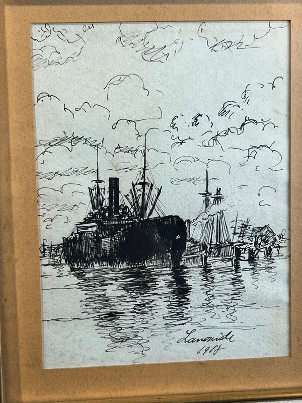 Obra de Manuel Larravide: Marina a Tinta Firmada 1908