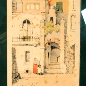 Cuadro a Lápiz y Acuarela: Ciudad Antigua con Marco de Madera Firmado - imagen 3