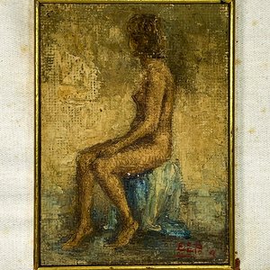 Cuadro Óleo sobre Cartón: Desnudo de Dama Sentada, Firmado - imagen 2