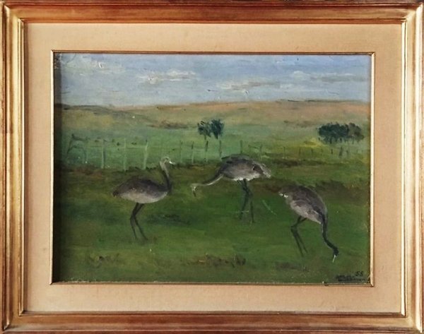 Óleo Atribuido a Pedro Alonso: Paisaje Rural con Ñandúes