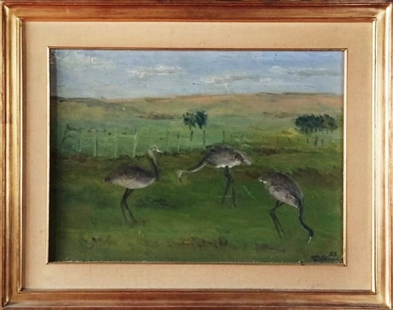Óleo Atribuido a Pedro Alonso: Paisaje Rural con Ñandúes