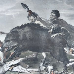 Grabado "Cacería de Jabalí" por Ernest Hanfstangl, con marco dorado y vidrio - imagen 15