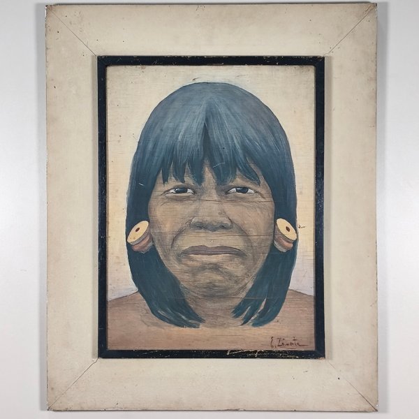 Oleo sobre Madera "E. Zárate" Retrato Indígena con Marco Blanco - imagen 1