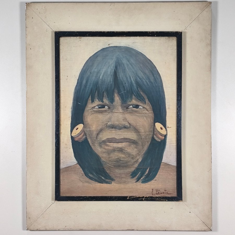 Oleo sobre Madera "E. Zárate" Retrato Indígena con Marco Blanco