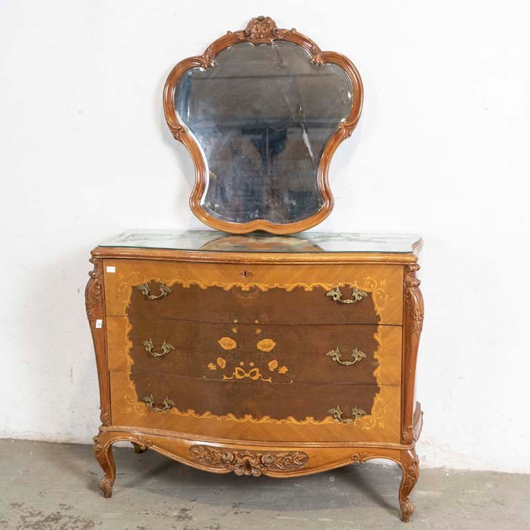 Cómoda Secretaire Francesa Tallada con Marqueterie Floral y Espejo Biselado