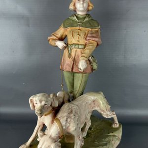 Figura Antigua de Porcelana: Cazador con Perros de Caza Dux Bohemia - imagen 2