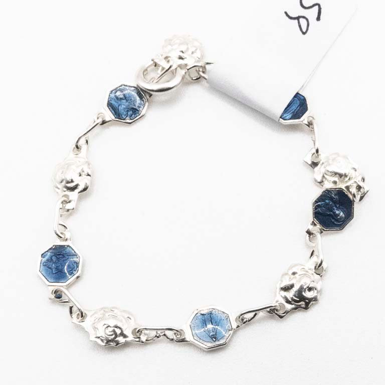 Pulsera de Plata para Niña con Esmalte Azul y Diseño Floral
