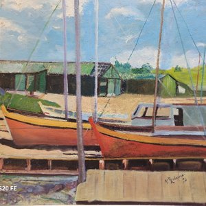 Lote de 4 Cuadros al Óleo sobre Lienzo: Astillero, Paisaje Rural y Marinas - imagen 4