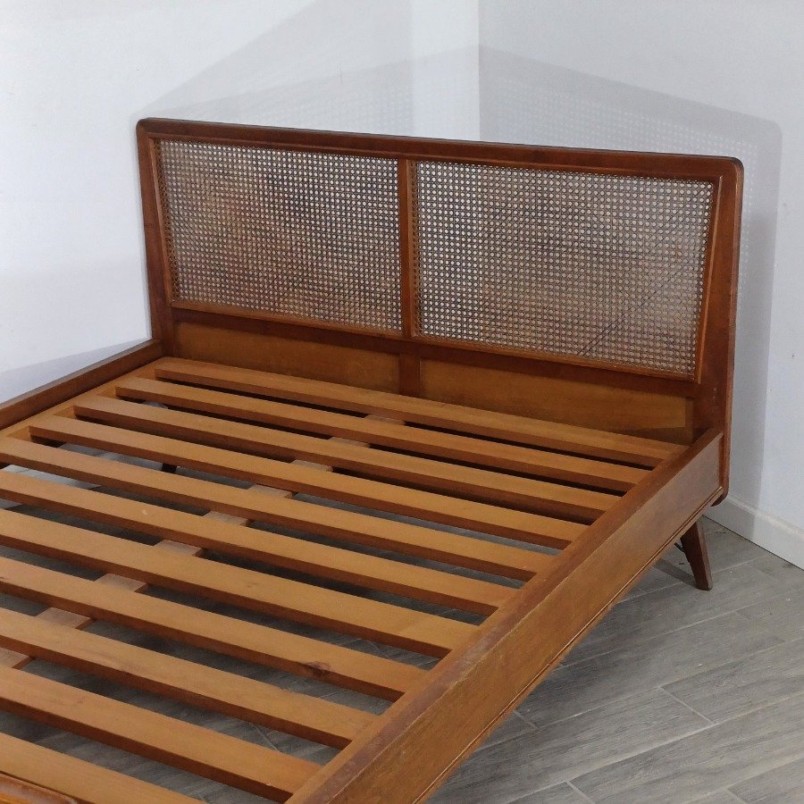Cama de 2 plazas estilo Mid Century con respaldo y piecera esterillados - imagen 5