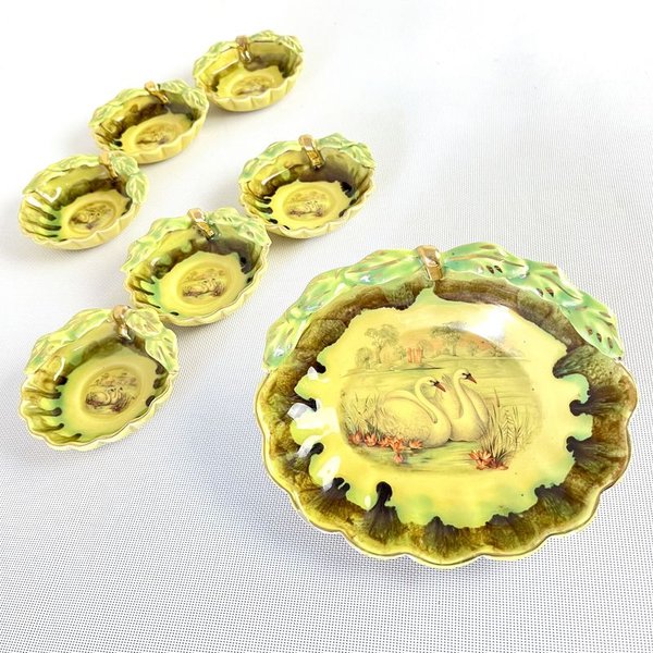 Juego de postre antiguo ornamental con cisnes pintado a mano - imagen 1