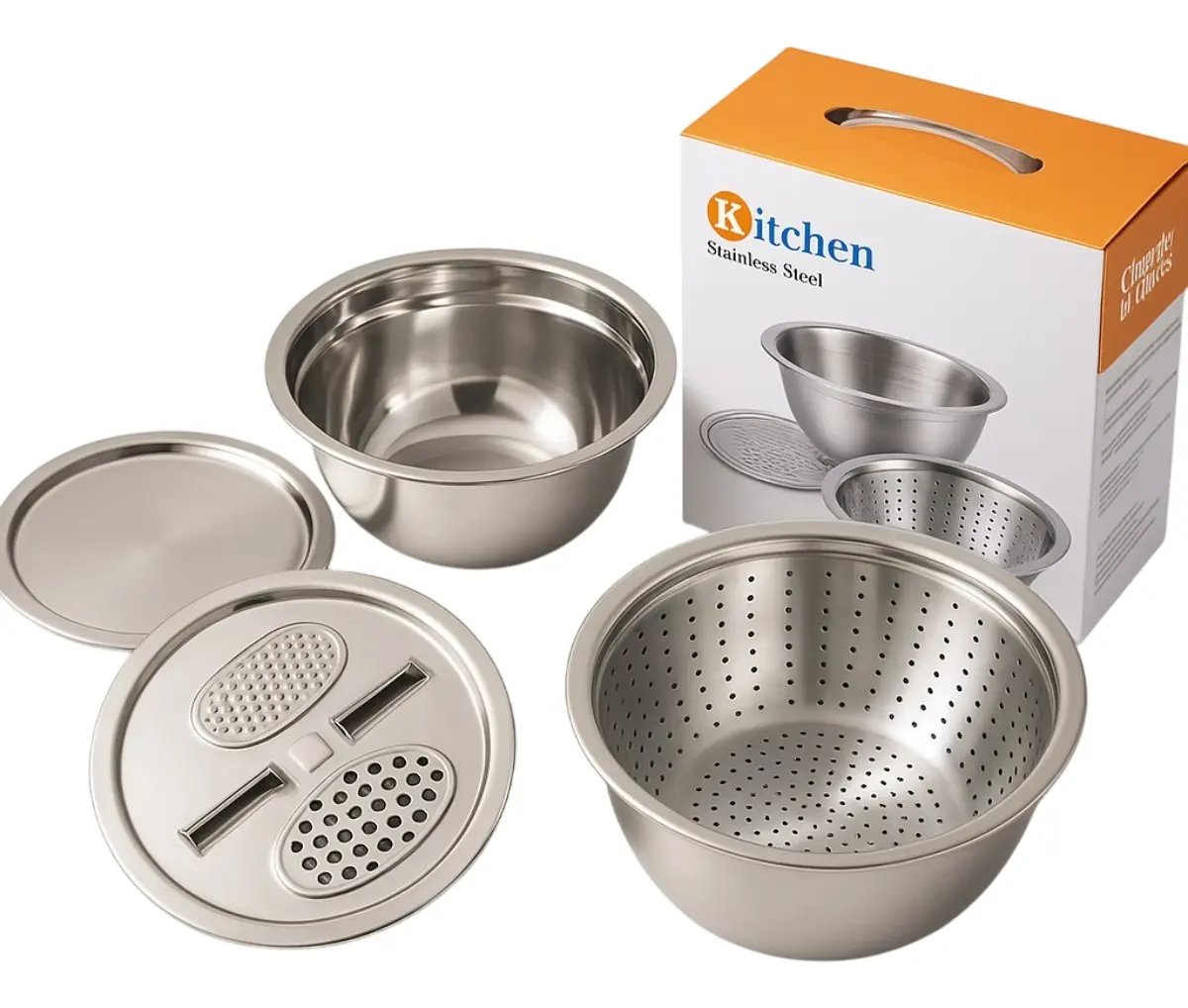 Set de Bowls de Acero Inoxidable Multifunción 4 en 1 con Rallador