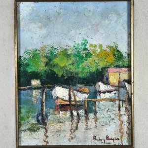 Oleo sobre Fibra: Barcas en Laguna con Marco de Madera - imagen 3