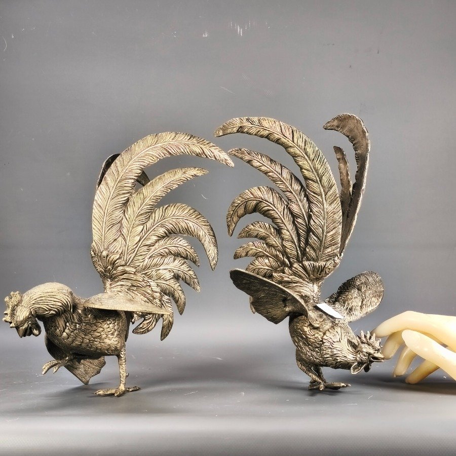 Estatuas de gallos de bronce plateado para decoración - imagen 13