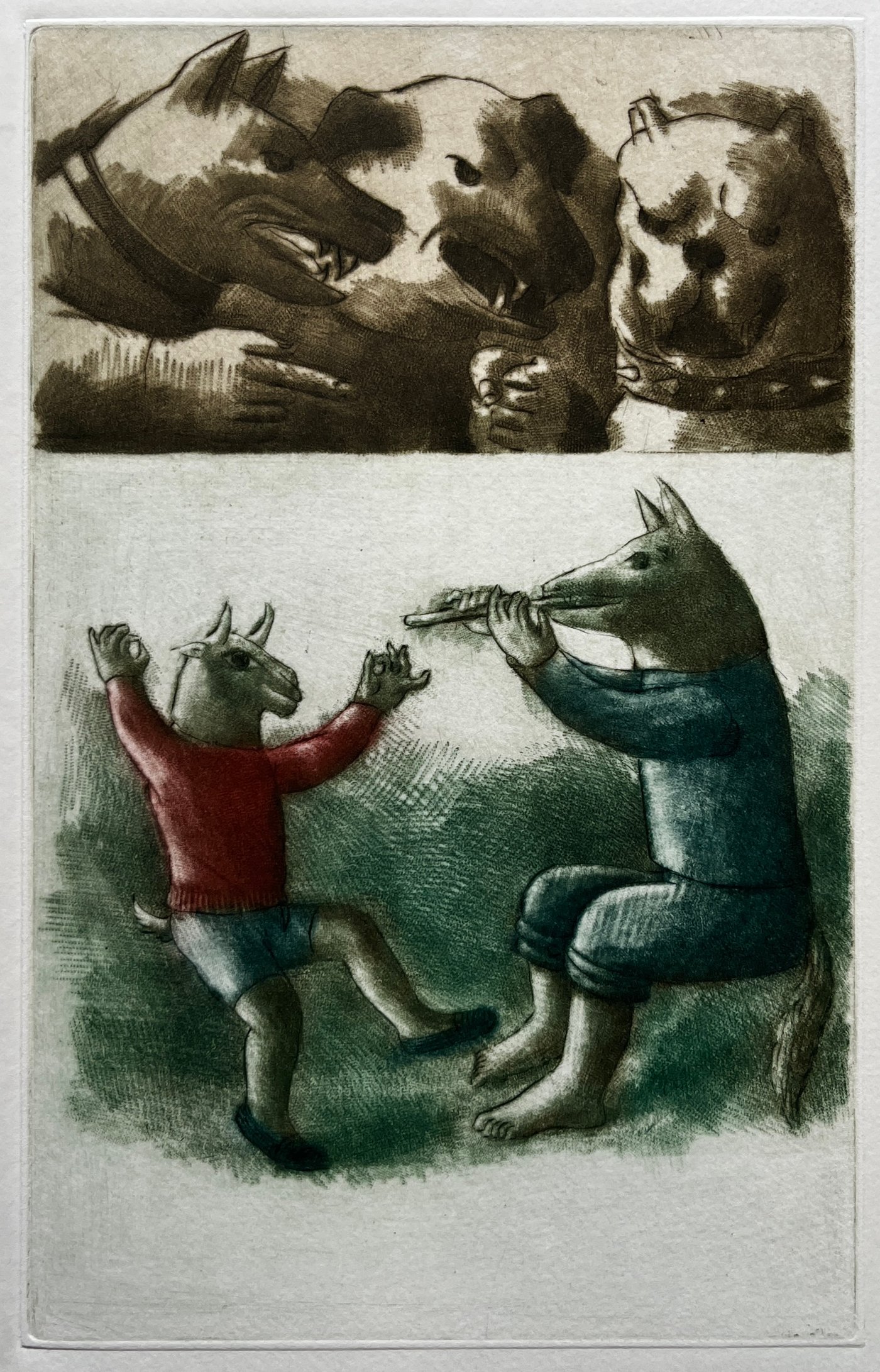 Grabado "El cabrito y el lobo flautista" de Luis Alberto Solari - Edición 155/200