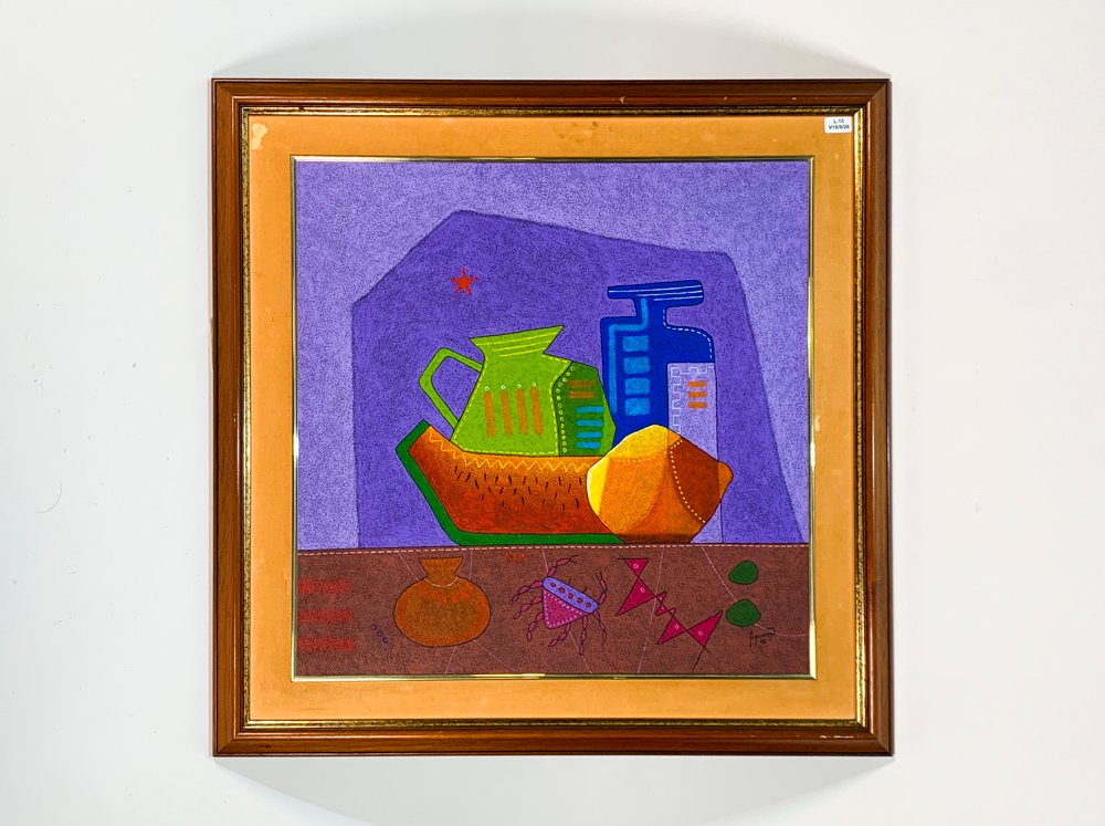 Cuadro Óleo Moderno: Naturaleza Muerta con Frutas, Botella y Jarra