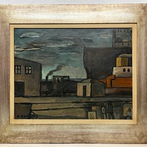 Oleo "Puerto" de Augusto Torres sobre cartón, 39 x 50 cm - imagen 2