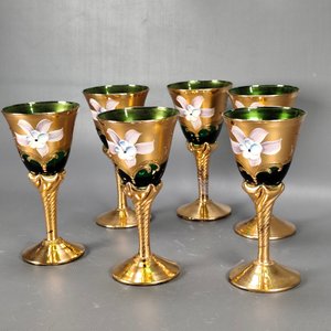 Juego de 6 Copas Estilo Veneciano Dorado y Verde con Flores - imagen 3