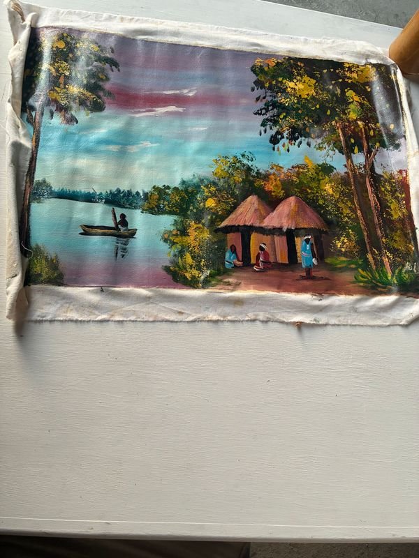 Pintura africana de paisaje con una cabaña en el fondo