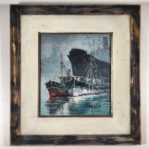 Lote anterior: Óleo Jorge Tarallo: Escena Marina con Barcos, Marco Patinado