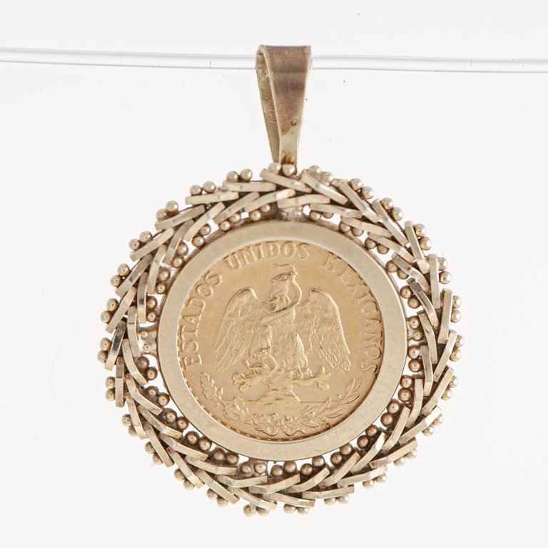 Lote siguiente: Colgante oro con moneda mexicana de 2 pesos
