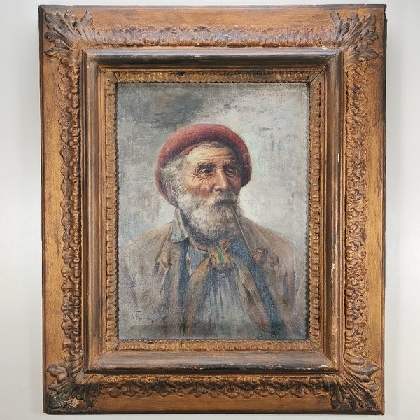 Óleo sobre lienzo firmado Raffaele Frigerio, retrato de hombre con boina y pipa - imagen 1