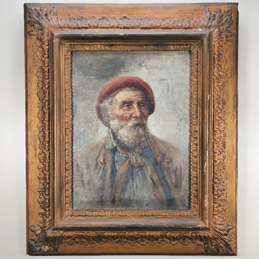 Óleo sobre lienzo firmado Raffaele Frigerio, retrato de hombre con boina y pipa