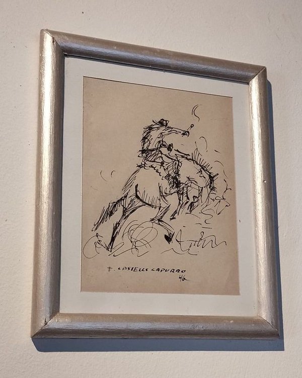 Dibujo a tinta "Caballo y Jinete" atribuido a Enrique Castells Capurro (1946)