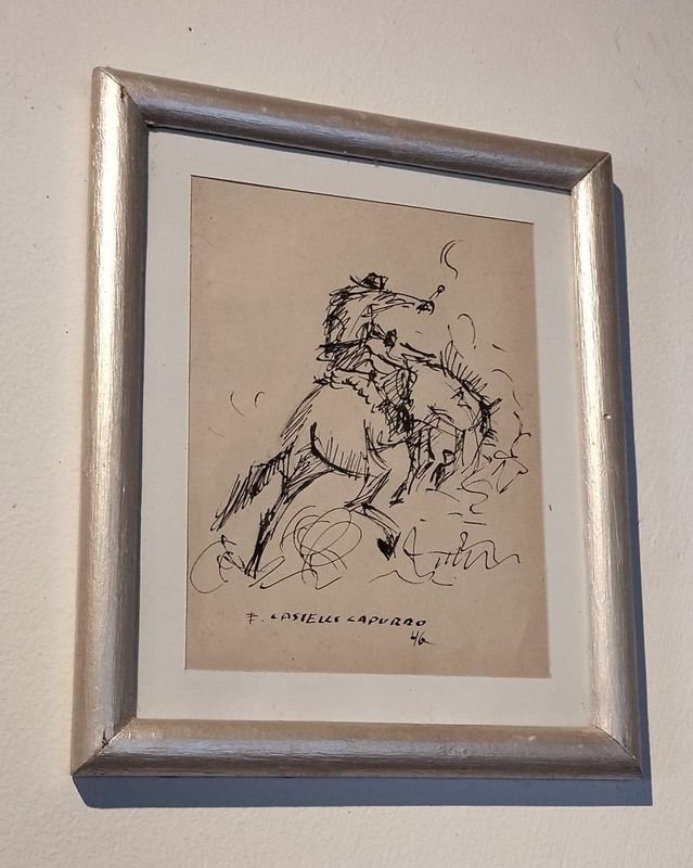Dibujo a tinta "Caballo y Jinete" atribuido a Enrique Castells Capurro (1946)