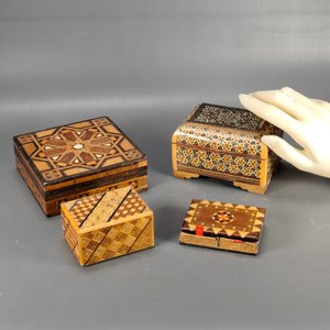 Lote de 4 Cajas Decorativas: Caja Secreta Japonesa, 2 Alhajeros (Marquetería y Khatam Kari) y Fosforera Doble - imagen 3