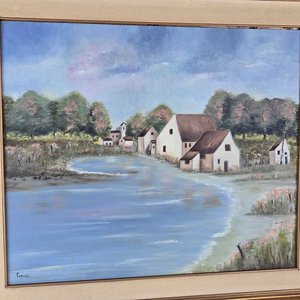 Óleo firmado "Paredes" - Paisaje rural con casas y río - imagen 4