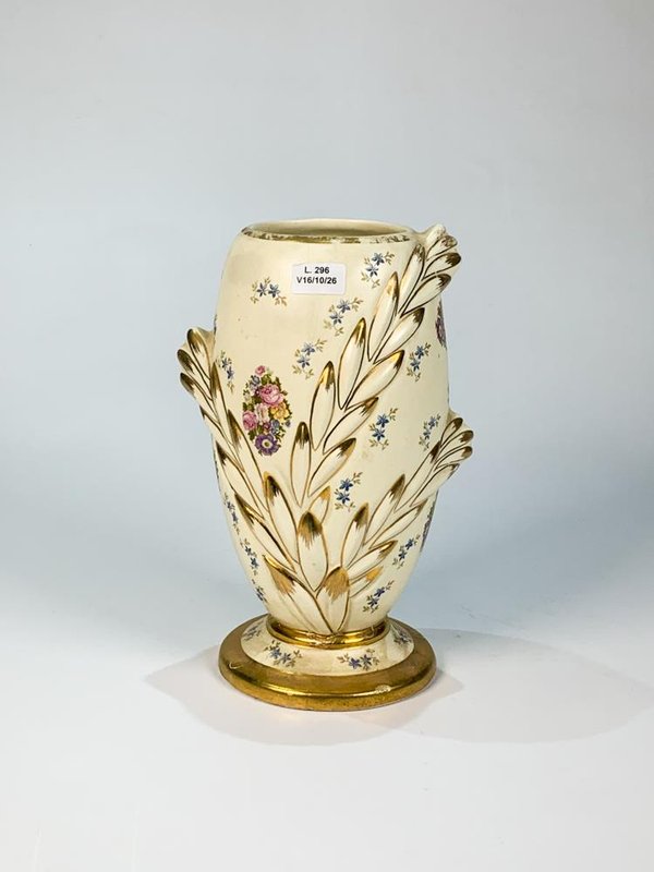 Florero Cónico de Cerámica Beige y Dorado con Decoración Floral