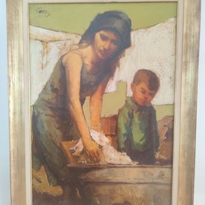 Pintura "Escena Doméstica" Firmada Tejera - 1m x 70cm - imagen 2