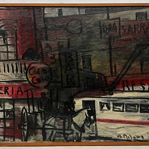 Alceu Ribeiro "Escena de ciudad con carro y tranvía" Óleo sobre Tela 50x60 cm - imagen 2