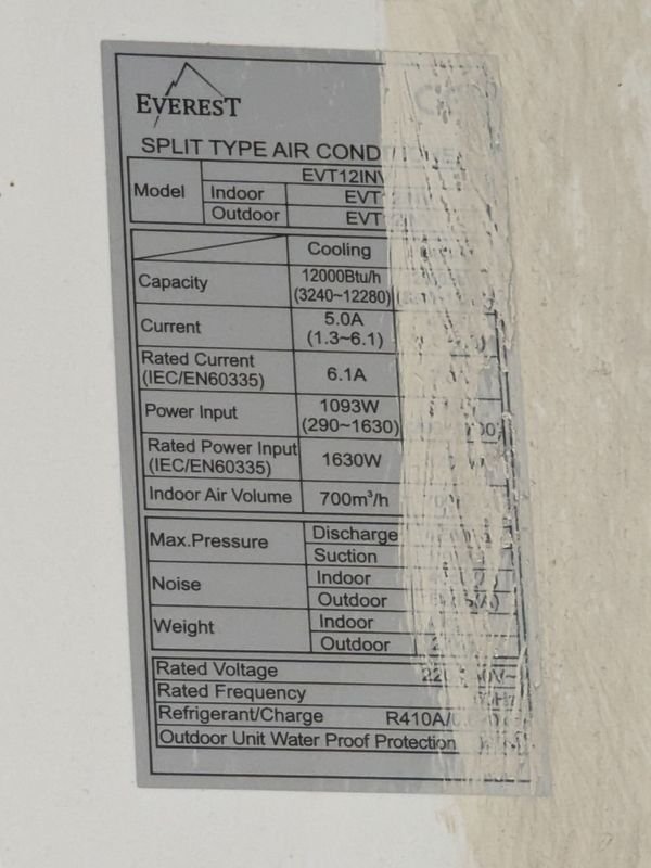 Aire marca Everest Inverter de 12.000 BTU. Sin control remoto. - imagen 4