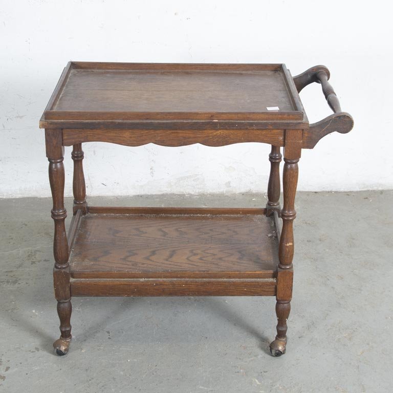 Mesa Bar Rodante de Madera Oscura, Dos Niveles, con Ruedas