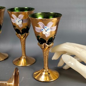 Juego de 6 Copas Estilo Veneciano Dorado y Verde con Flores - imagen 5