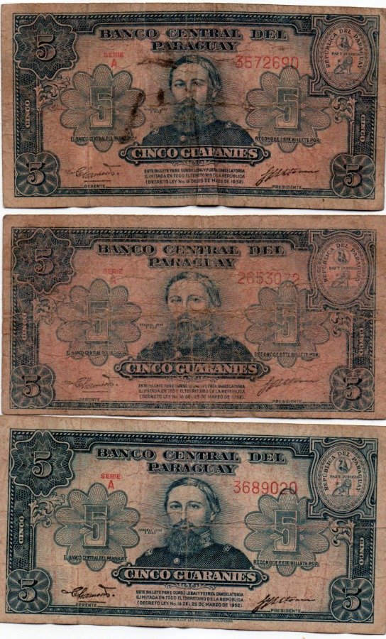 3 Billetes de 5 Guaraníes Paraguay