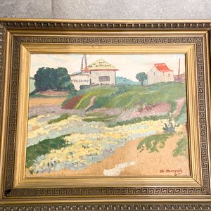 Cuadro al óleo de paisaje rural con casa, firmado B. Bravo - imagen 3
