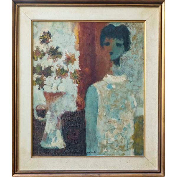 Pintura de una mujer con flores por Lombardo