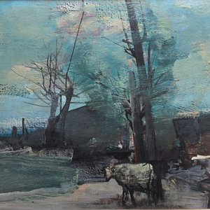 Cuadro al óleo "Paisaje con oveja" de Hugo Nantes, 80 x 60 cm - imagen 2